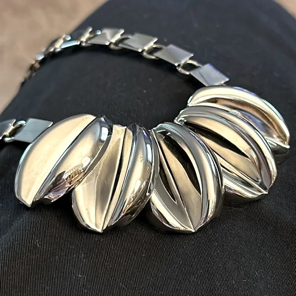 VTG Modernist Unique Shiny Chrome Necklace Chunky Bookchain Statement Tribal - Picture 4 of 7